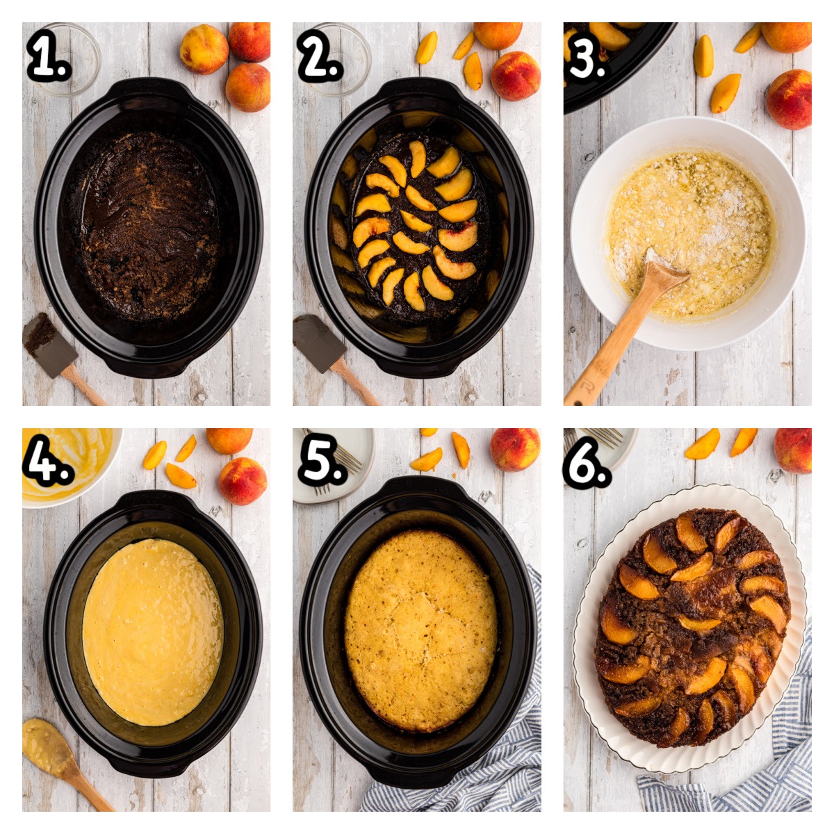 Six images showing how to make peach upside down cake in a slow cooker.