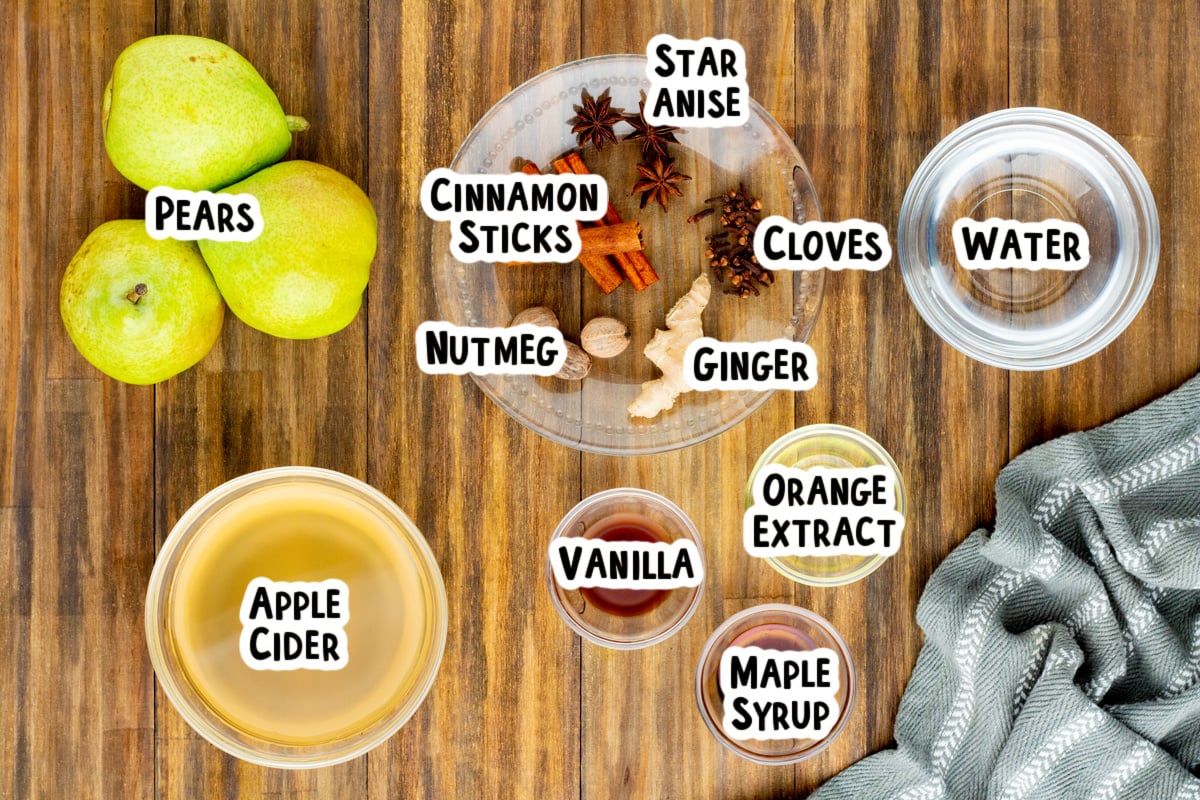 Ingredients for pear cider on a table.