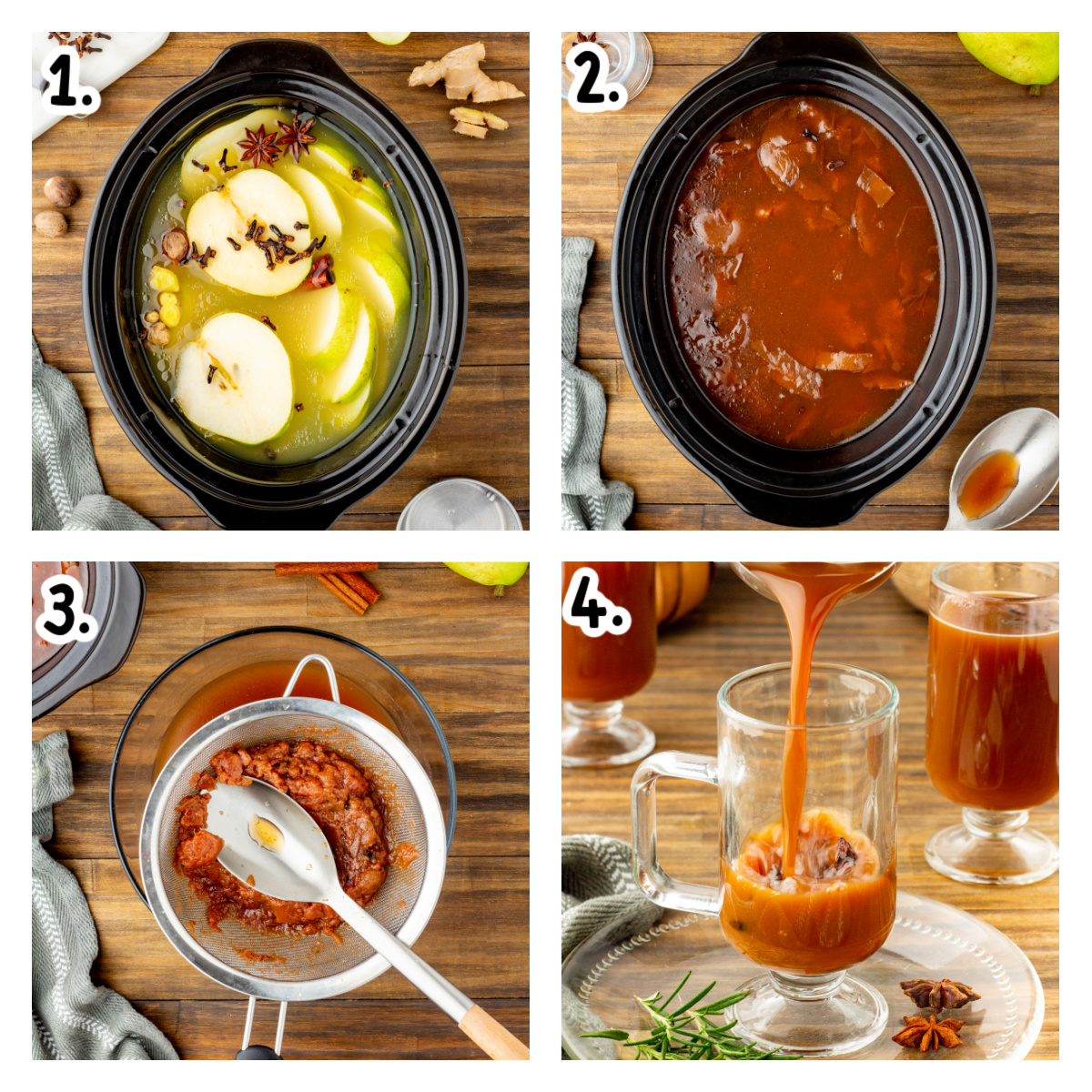 Four images showing how to make pear cider in a slow cooker.