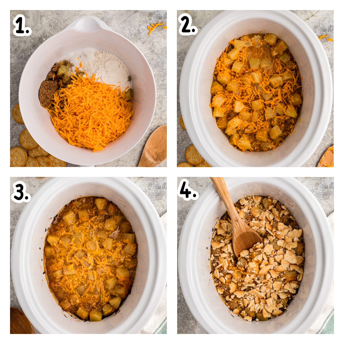 Four images showing how to make pineapple casserole.