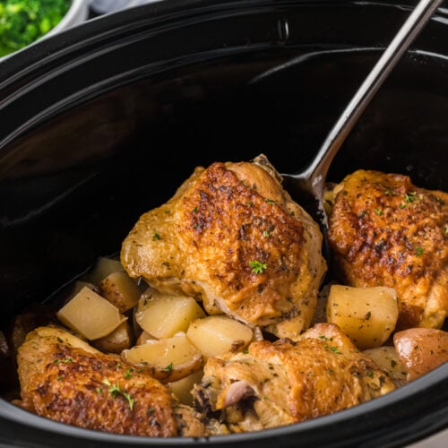 side view of chicken thighs and red potatoes in a slow cooker.