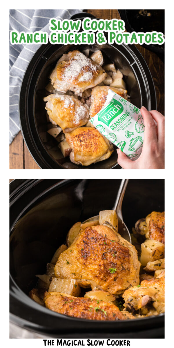 Images of ranch chicken and potatoes in a slow cooker.