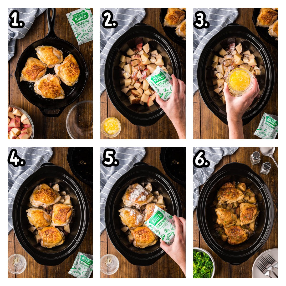 Six images showing how to make ranch potatoes in a slow cooker.