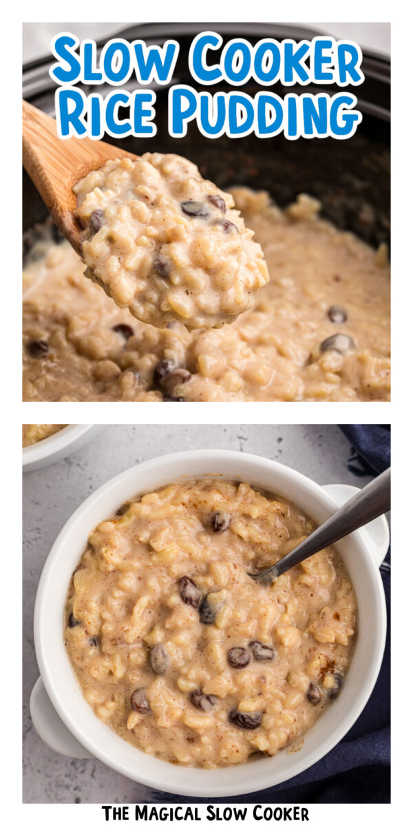 2 images of rice pudding with text overlay for pinterset.