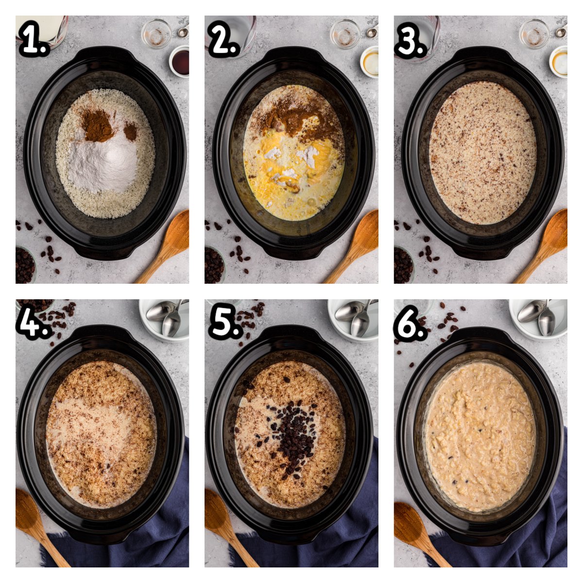 Six images showing how to make rice pudding in a crockpot.