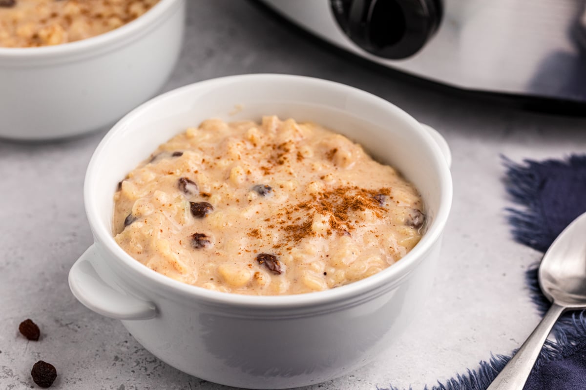 Bowl of rice pudding in a white bowl in front of a slow cooker.