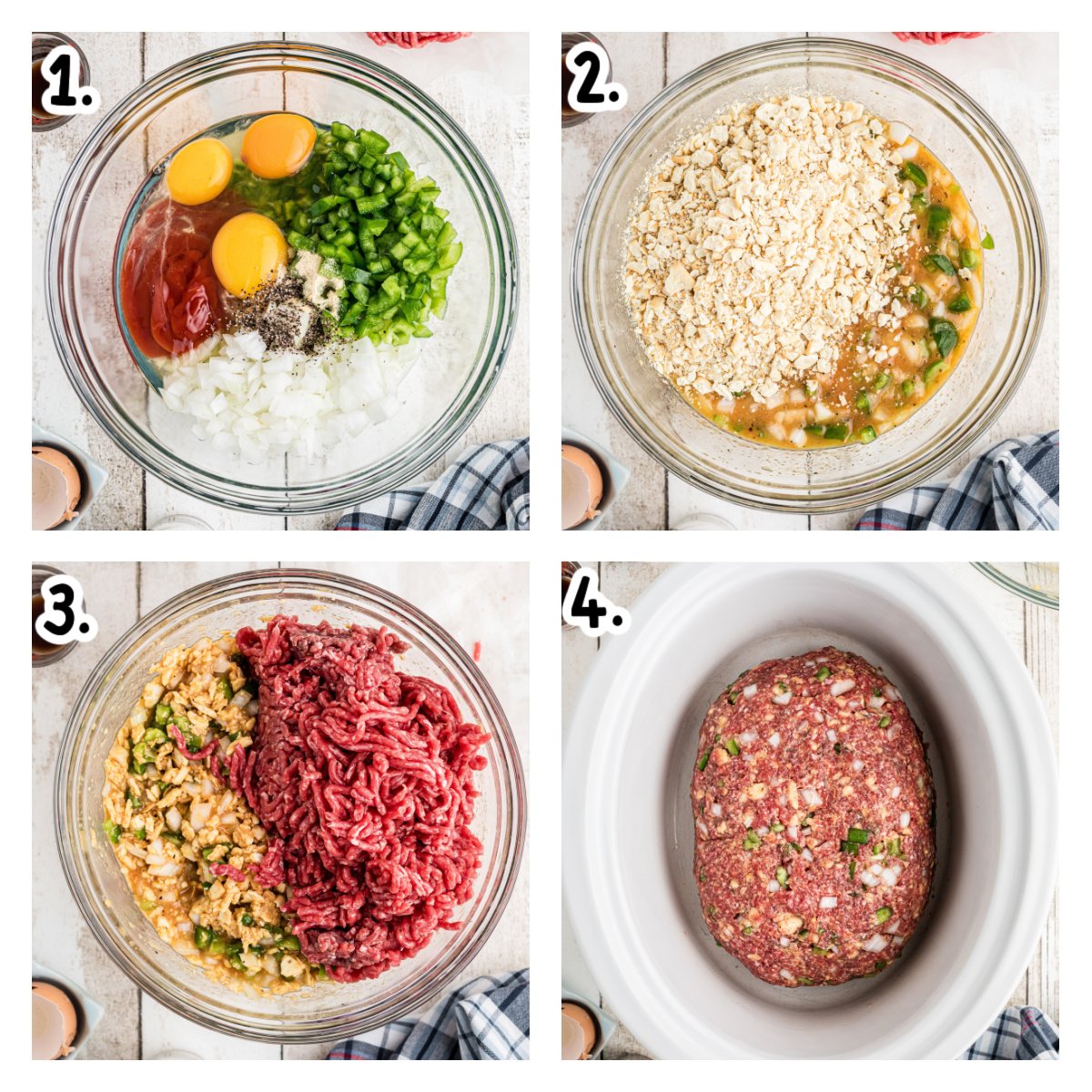 Four images showing how to prepare meatloaf and put in the slow cooker.