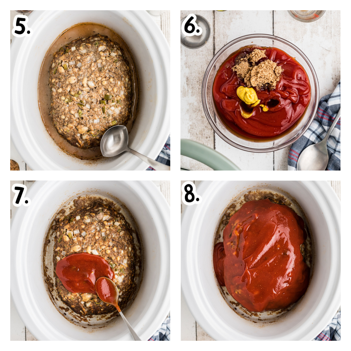 Four images showing how to degrease meatloaf, and make a homemade sauce for the top.