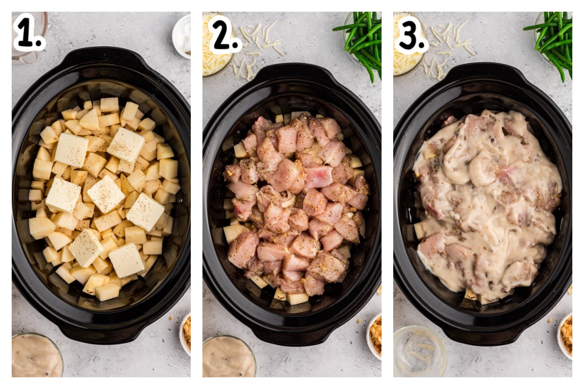 3 images showing how to add potatoes, chicken and cream soup to slow cooker.