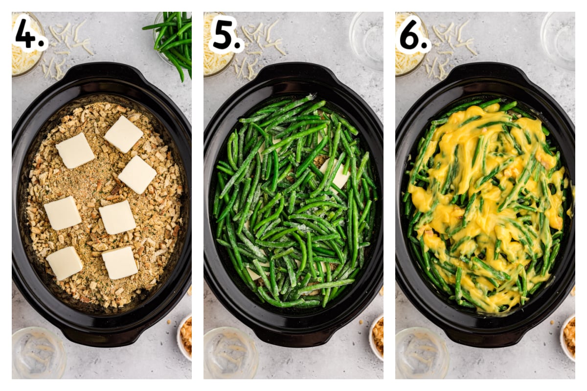 3 images showing how to add stuffing, green beans and cream soou on top of other layers in slow cooker.