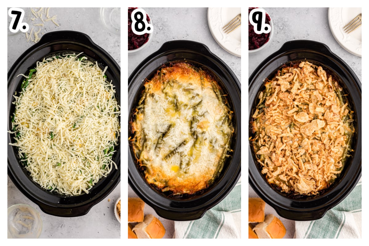 3 images showing how to add cheese, and french fried onions to other layers in slow cooker.