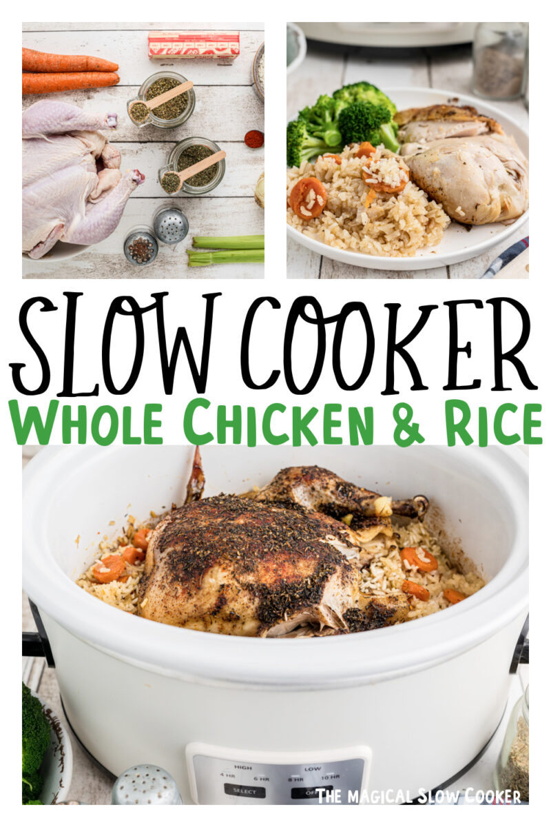 3 images of chicken and rice with text overlay for pinterest.