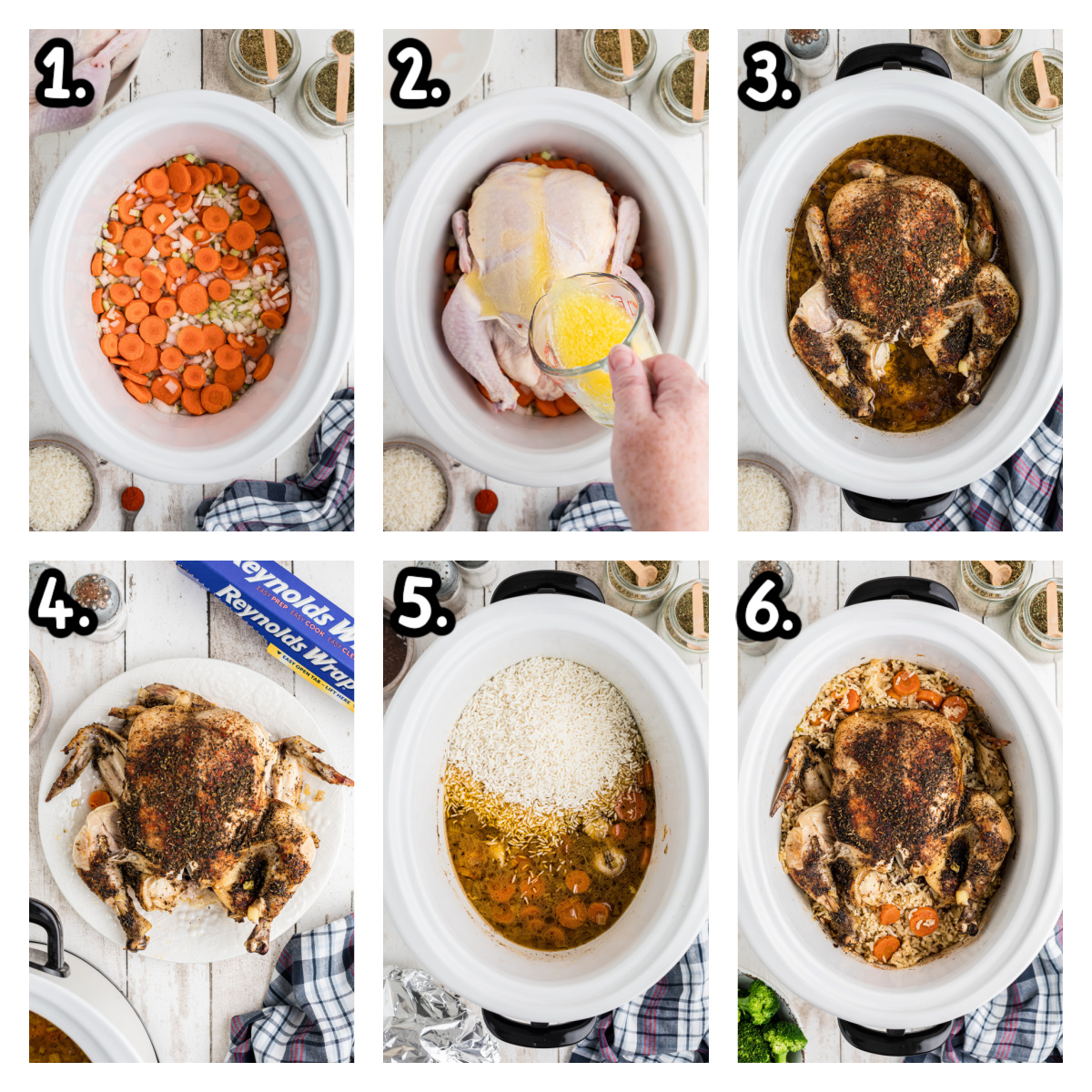 six images showing how to make chicken and rice in a crockpot.