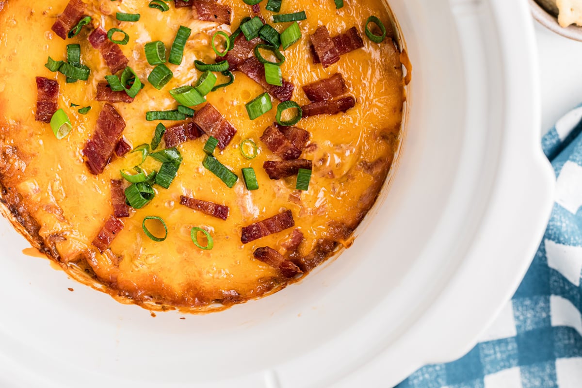 overhead of barbecue chicken dip in a slow cooker.