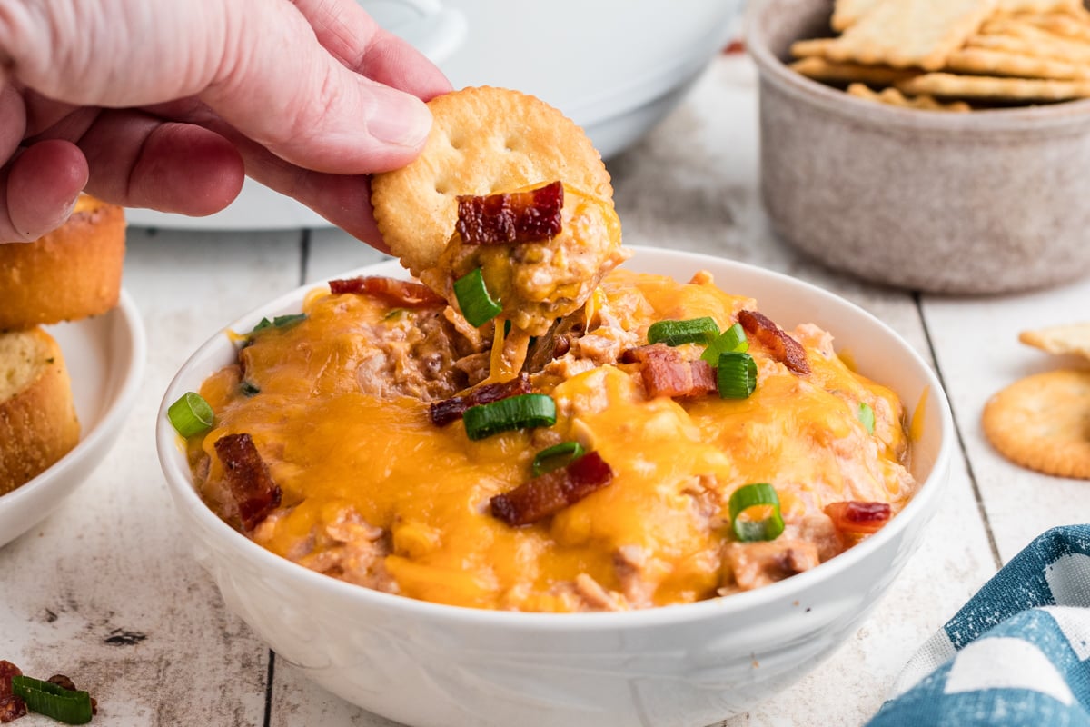 dipping a cracker into a bowl of slow cooker barbecue chicken dip.
