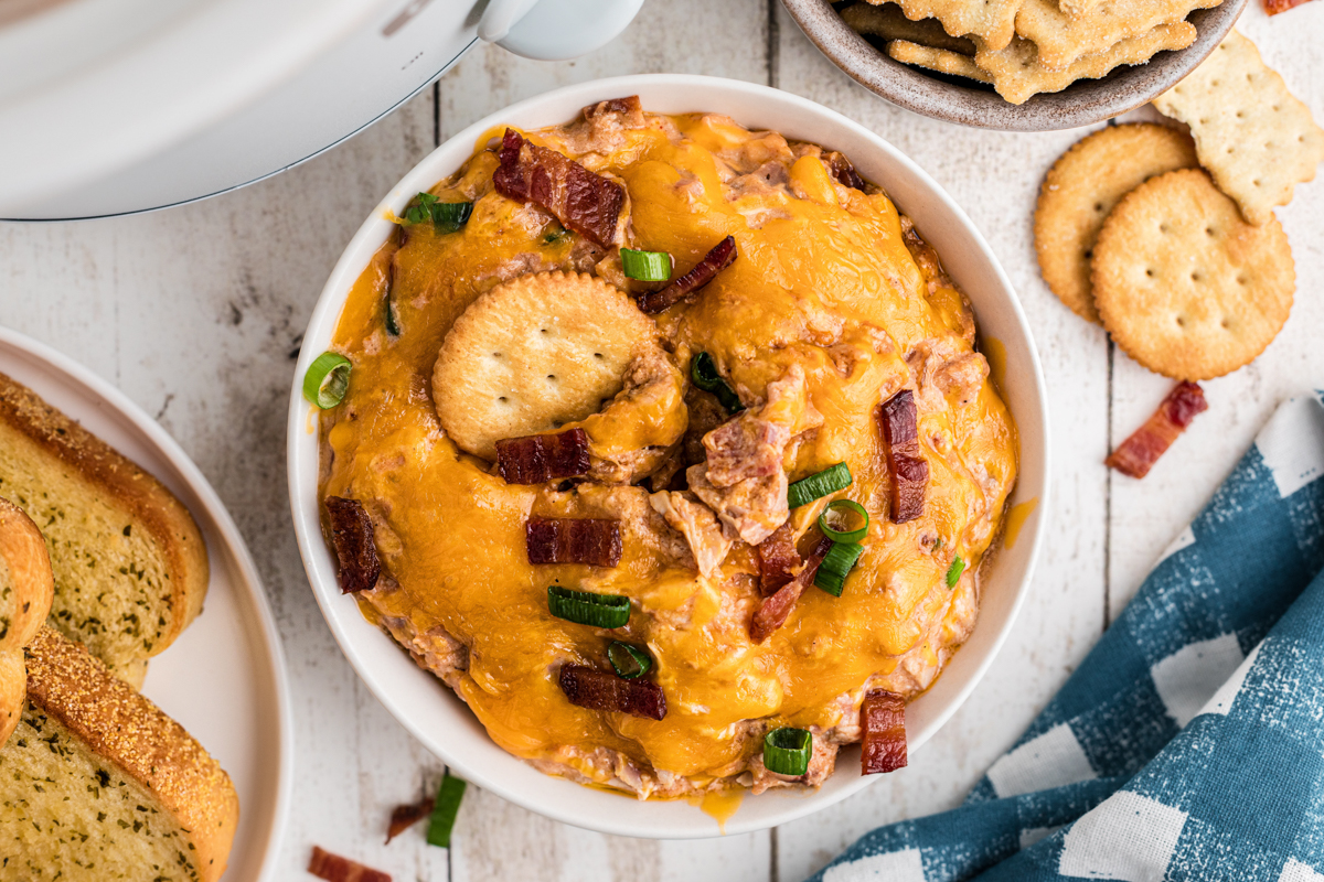 overhead shot of crockpot barbecue chicken dip in a white bowl.