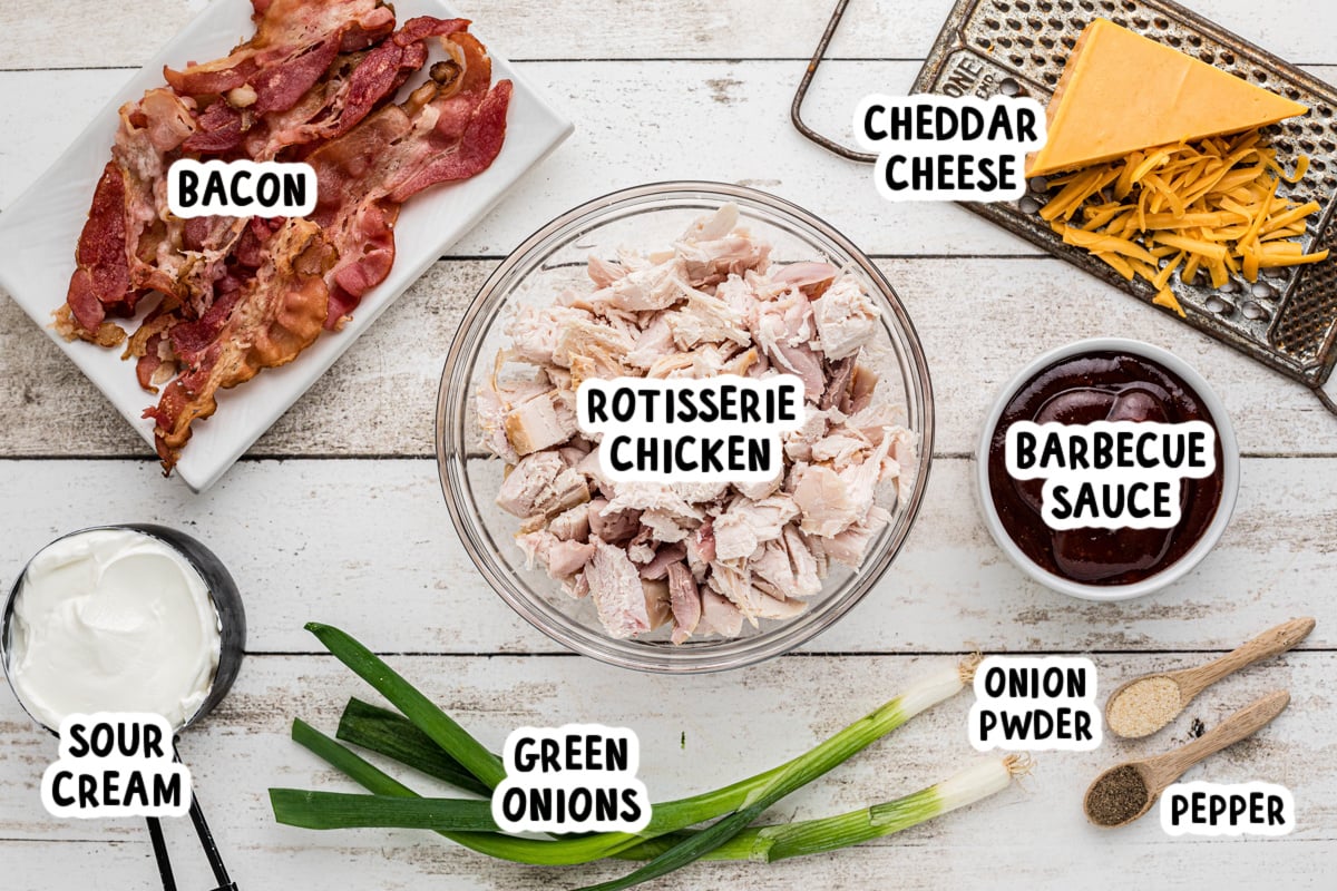 ingredients for slow cooker barbecue chicken dip on a table.