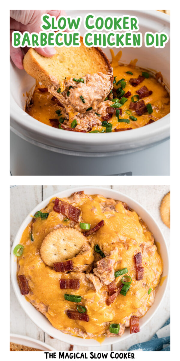 two images of slow cooker barbecue chicken dip with text overlay.