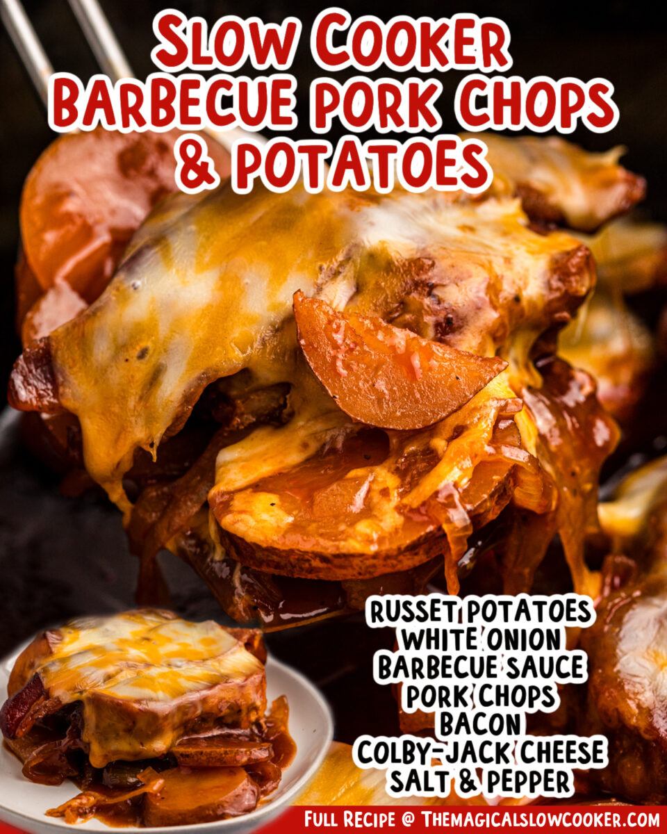 two images of slow cooker barbecue pork chops and potatoes with text showing what the ingredients are.
