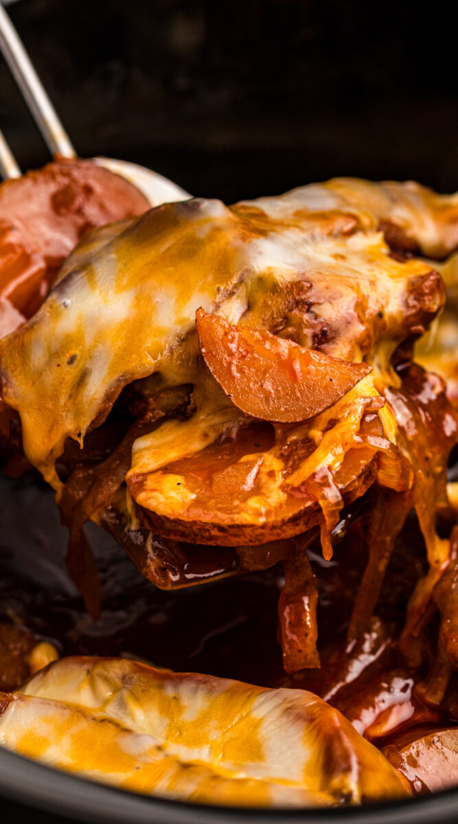 long image of crockpot barbecue pork chops and potatoes.