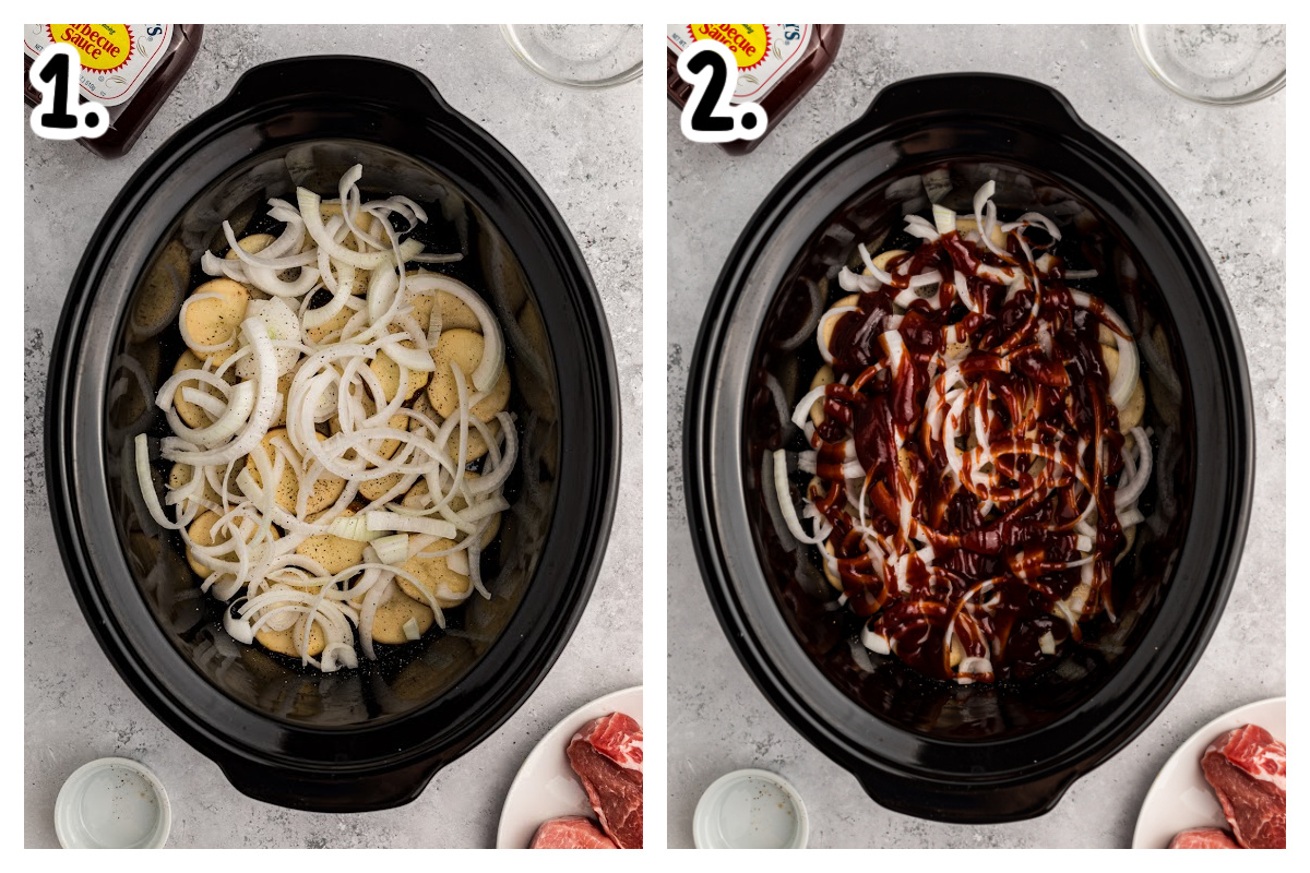 two images showing how to make barbecue pork chops and potatoes in a slow cooker.