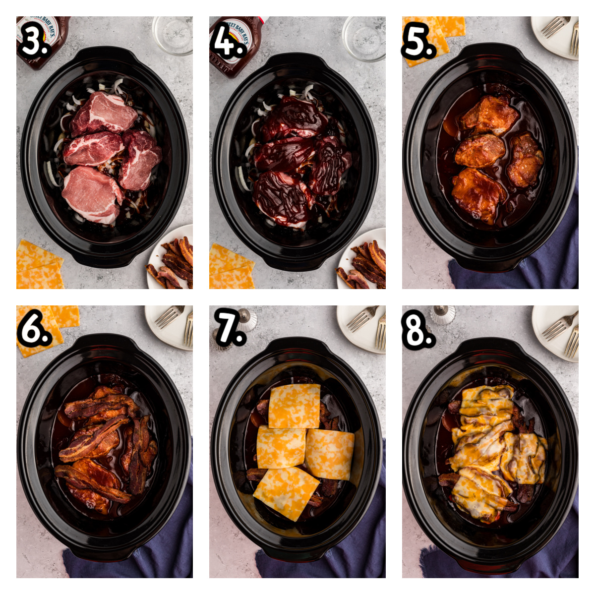 six images showing how to make barbecue pork chops and potatoes in a crockpot.