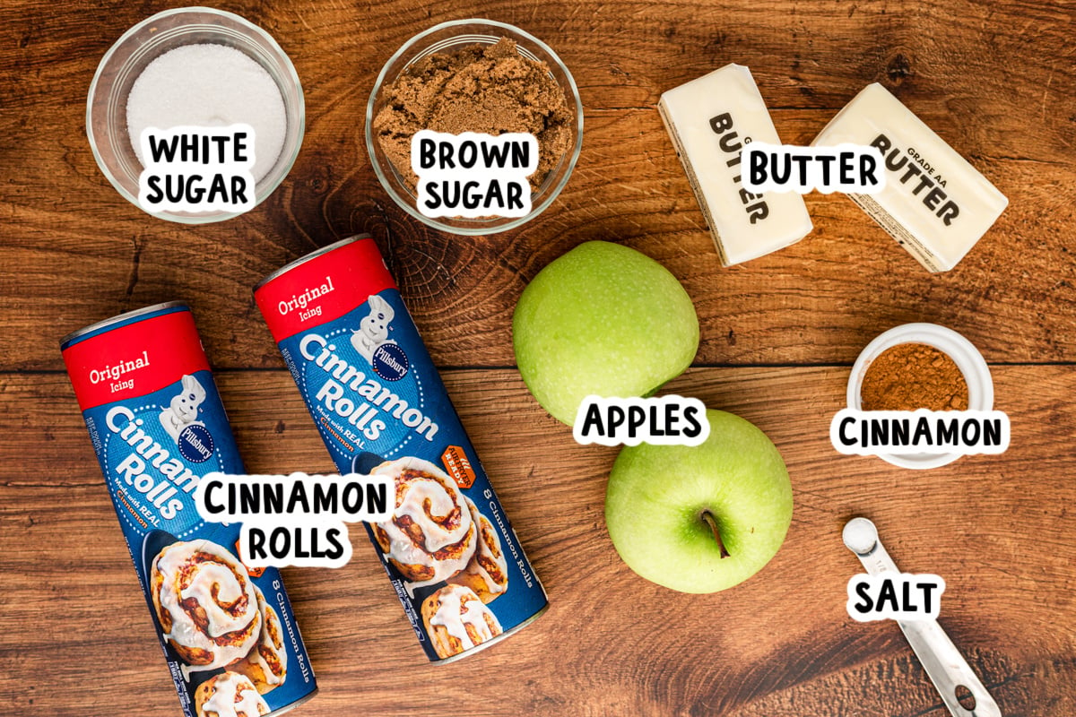 ingredients for slow cooker caramel apple cinnamon roll casserole.