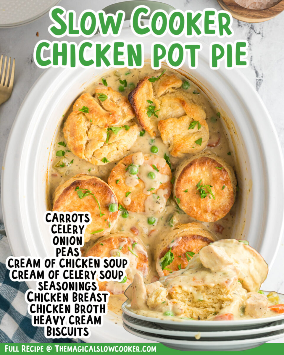 images of slow cooker chicken pot pie with text of what the ingredients are.