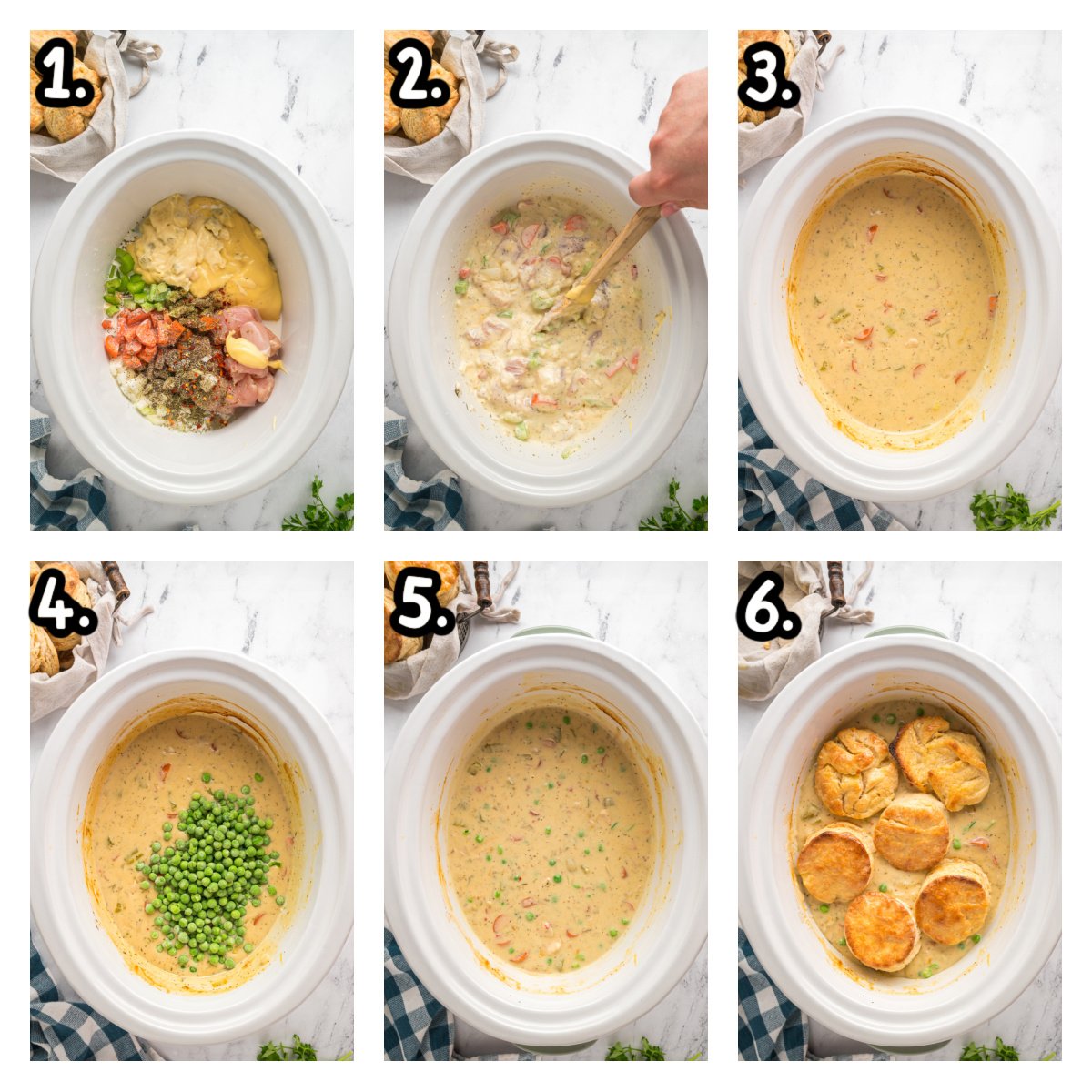 Six images of how to make chicken pot pie in a crockpot.