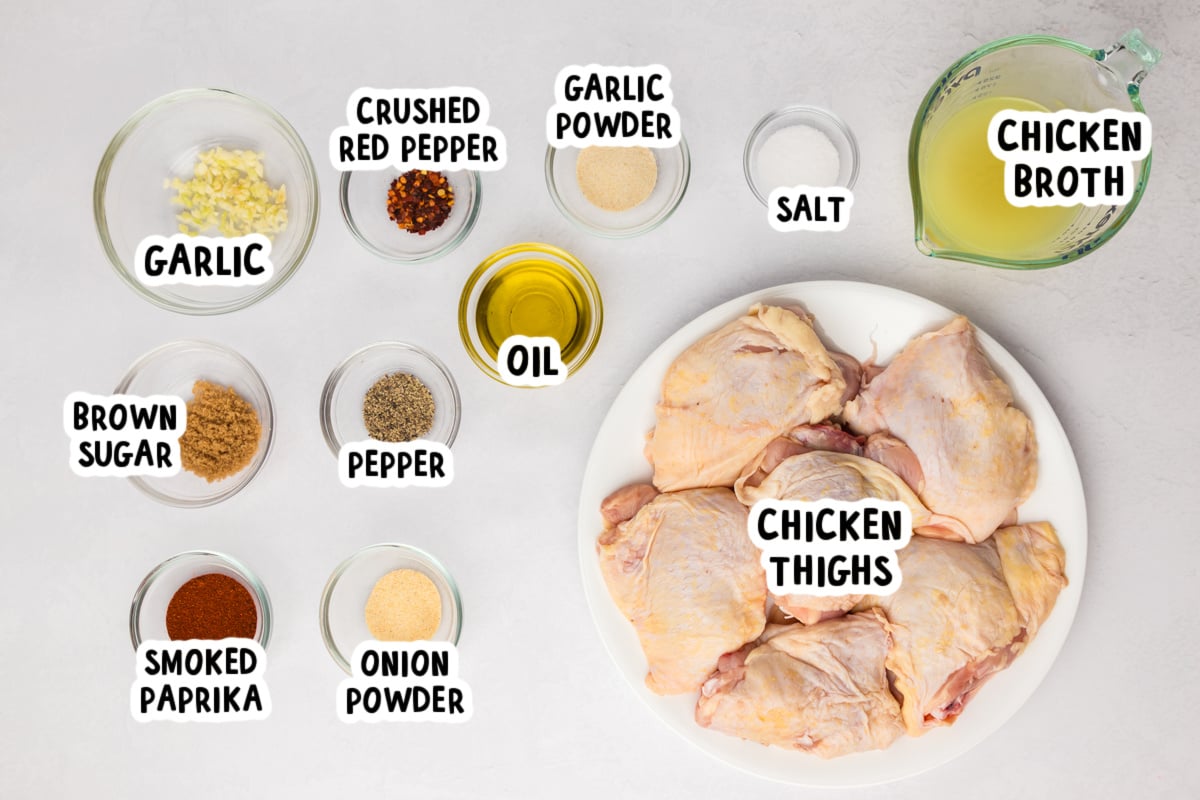 ingredients for slow cooker chicken thighs on a table.