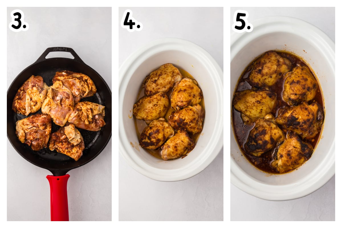 three images showing how to make slow cooker chicken thighs.