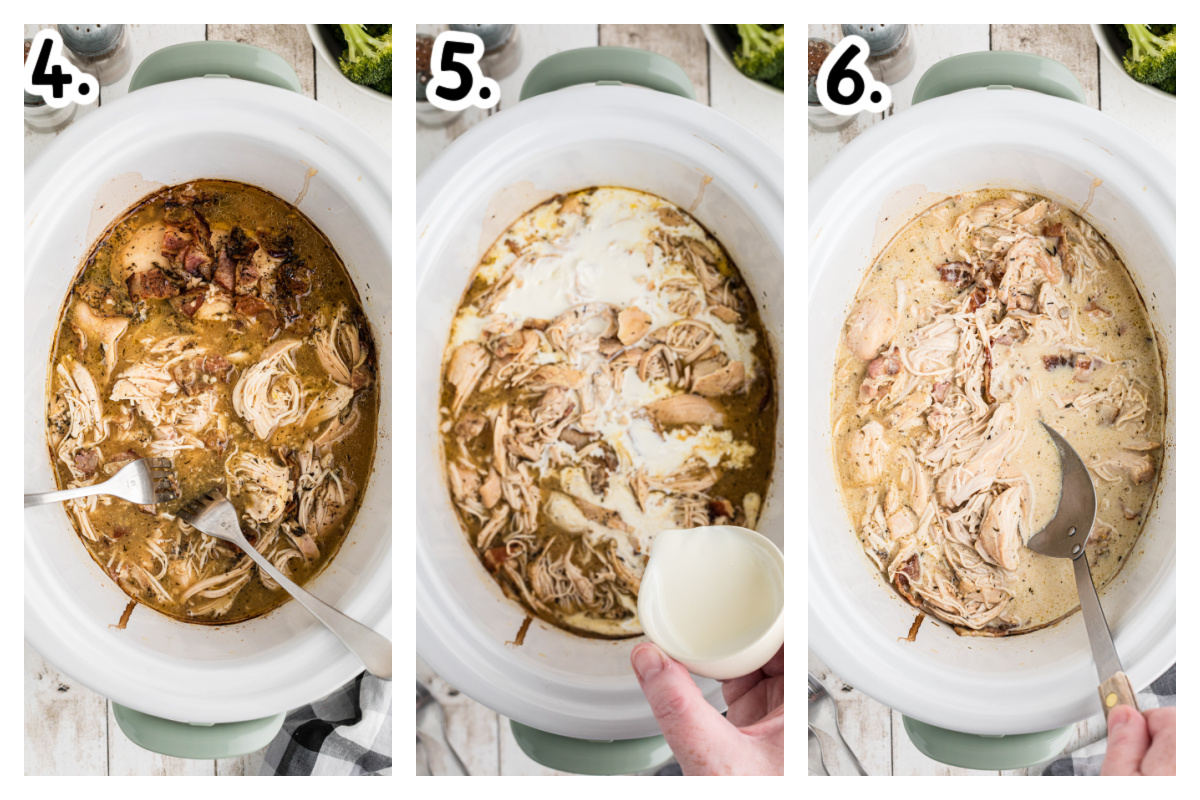 3 images showing chicken being shredded, cream being added and the finished dish in the slow cooker.