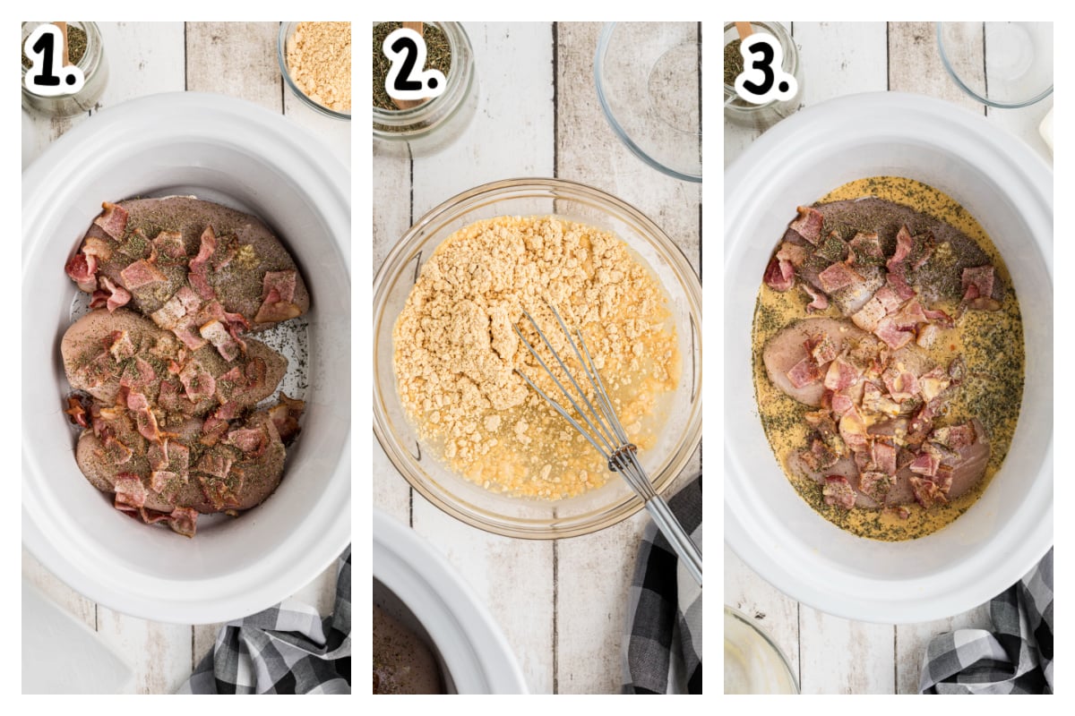 3 images showing how to add chicken, bacon and gravy mix into a slow cooker.
