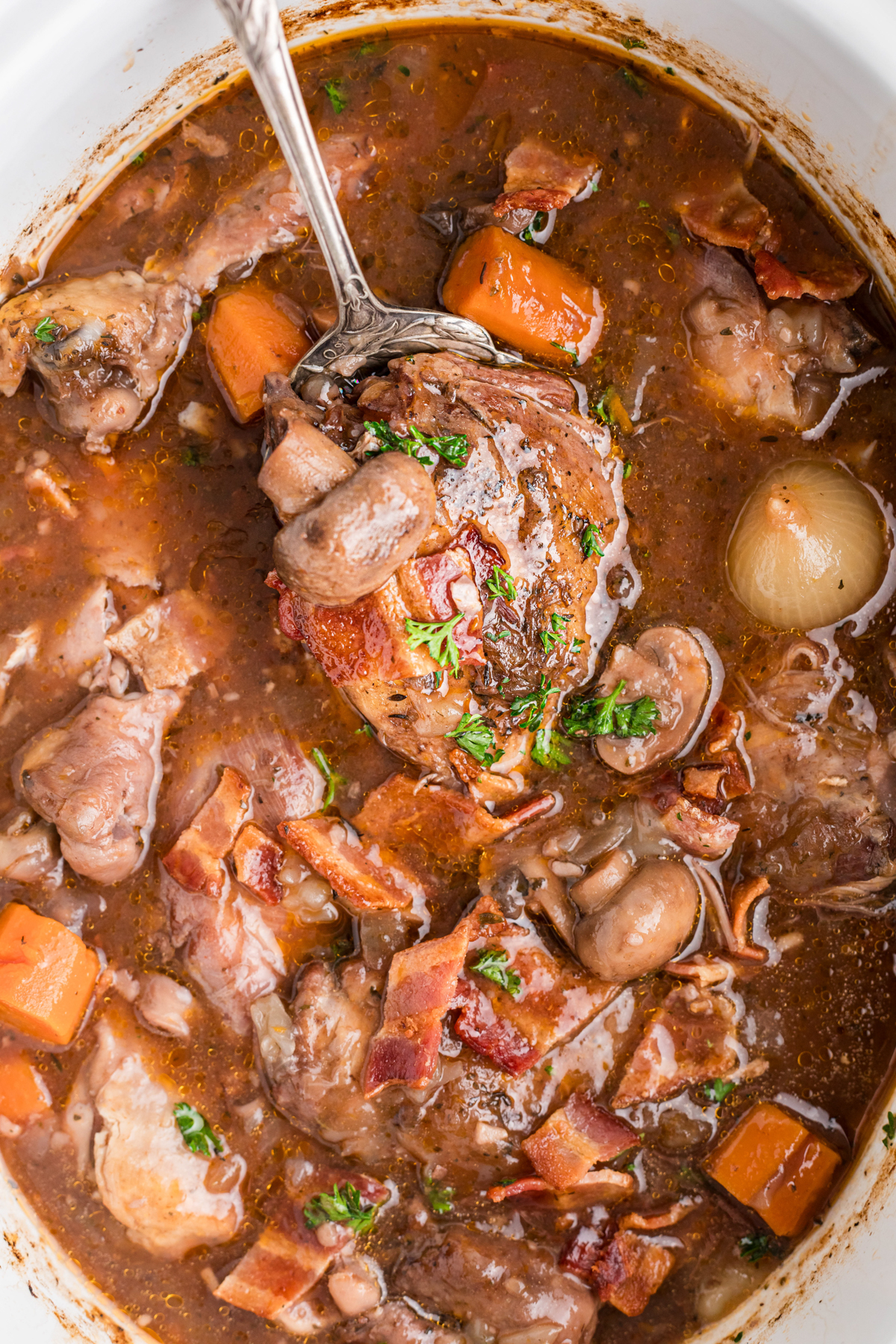 spoonful of crockpot coq au vin being held up.