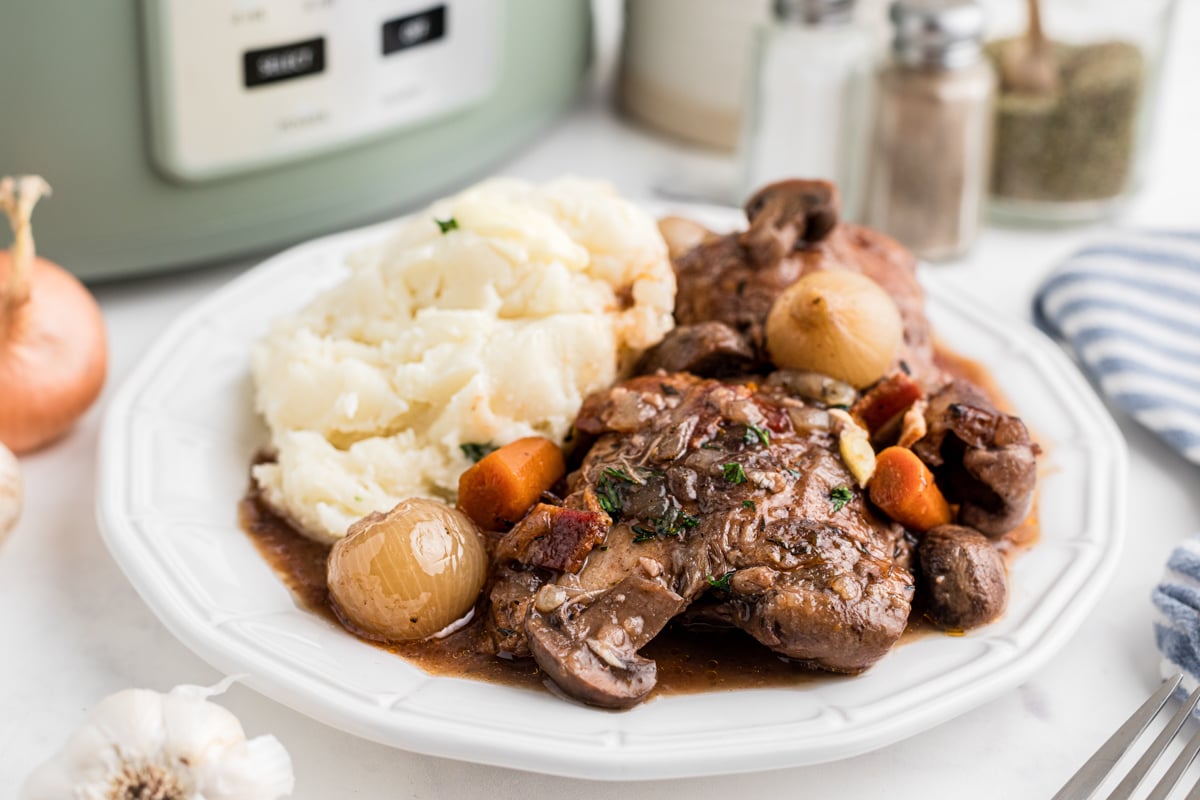 serving of coq au vin with mashed potatoes on a white dish.