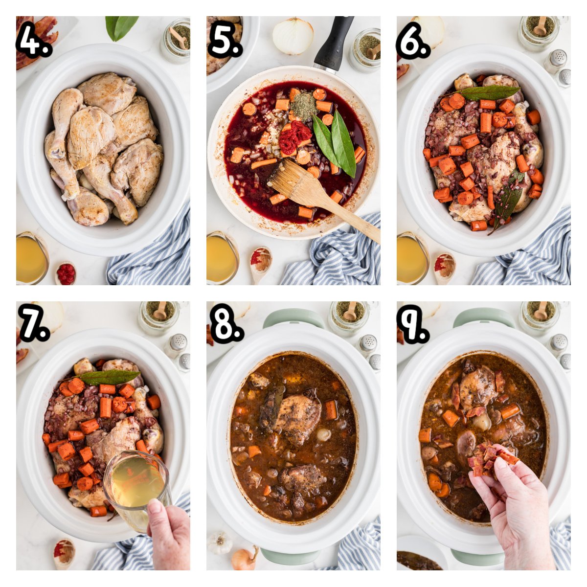 six images showing how to make coq au vin in a crockpot.