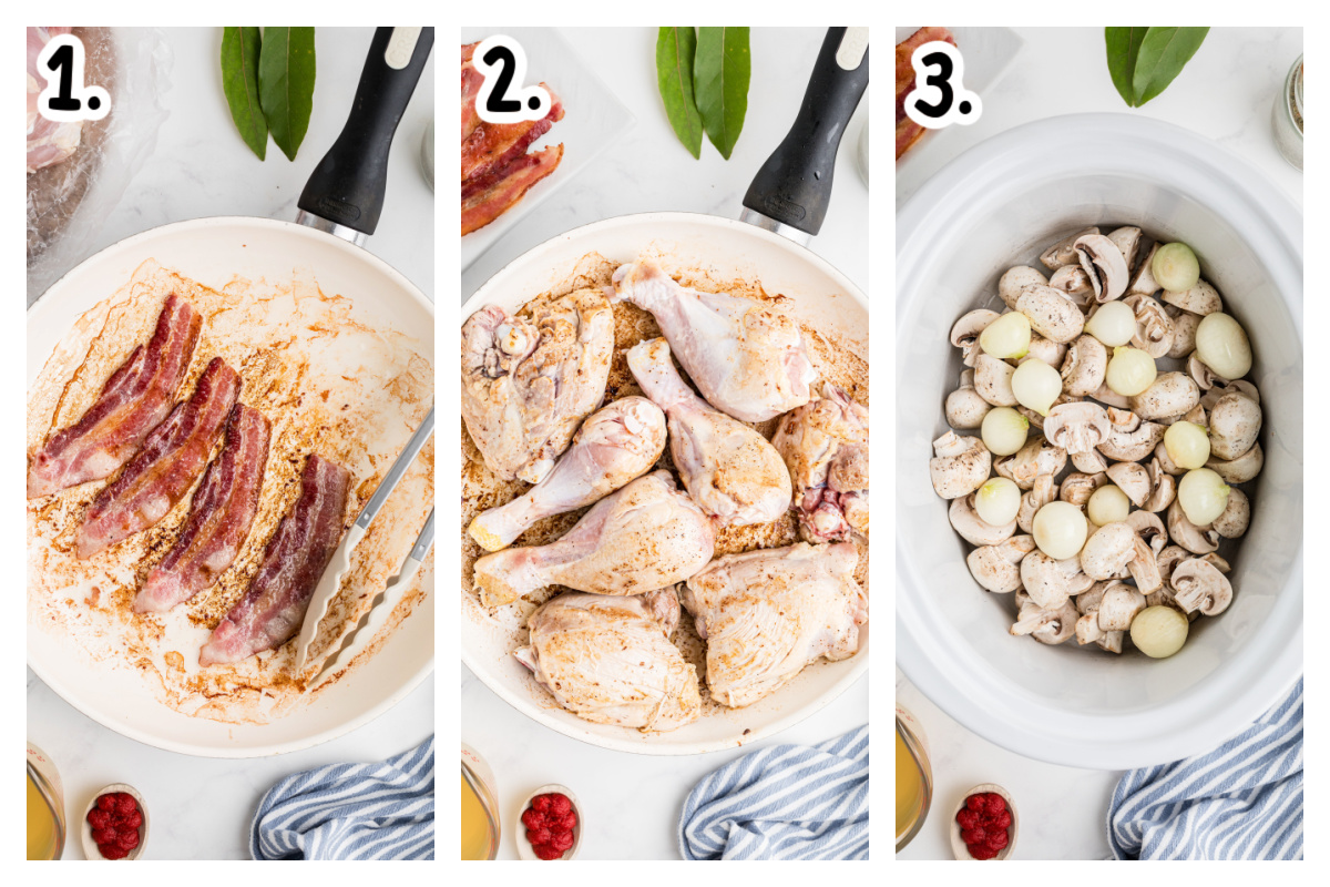 three images of steps for making coq au vin in a slow cooker.
