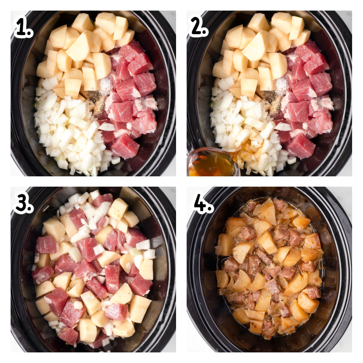 Four images showing how to make corned beef hash in a crockpot.