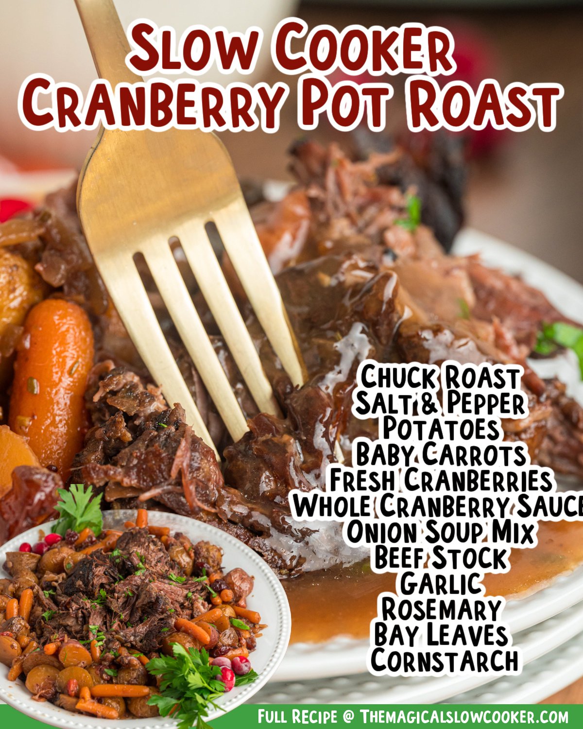 Images of cranberry pot roast with text of what the ingredients are.