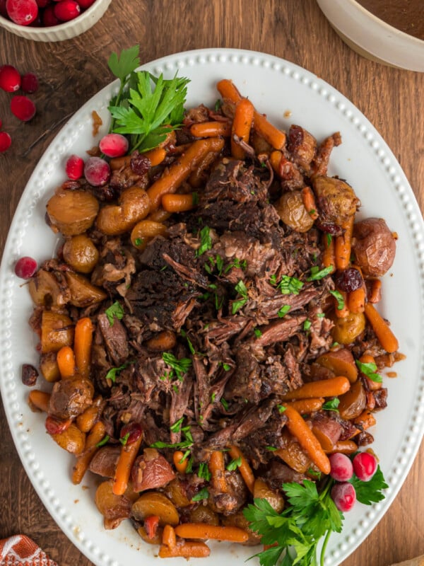 Platter of pot roast and vegetables.