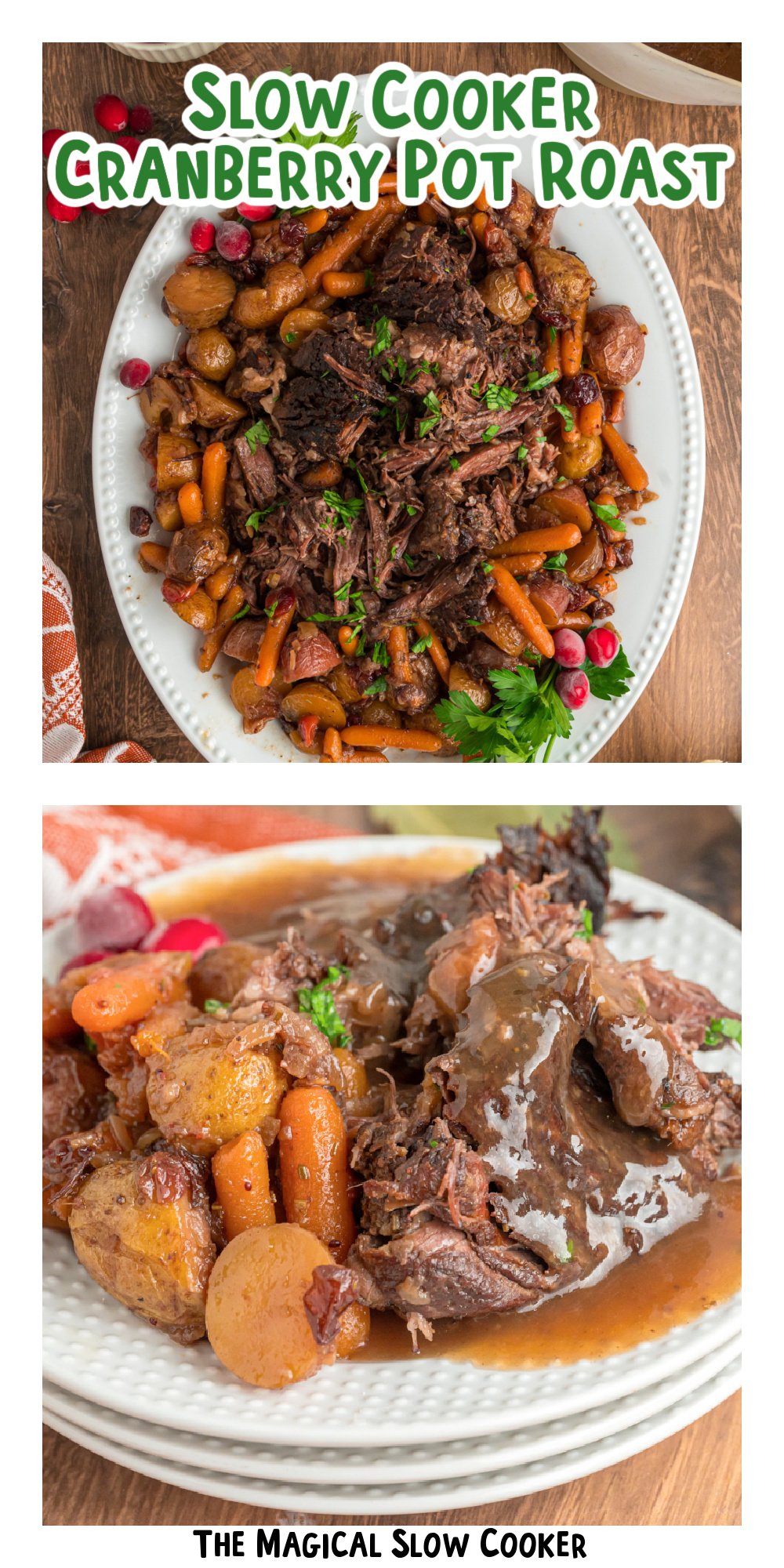 2 images of pot roast with text for pinterest.