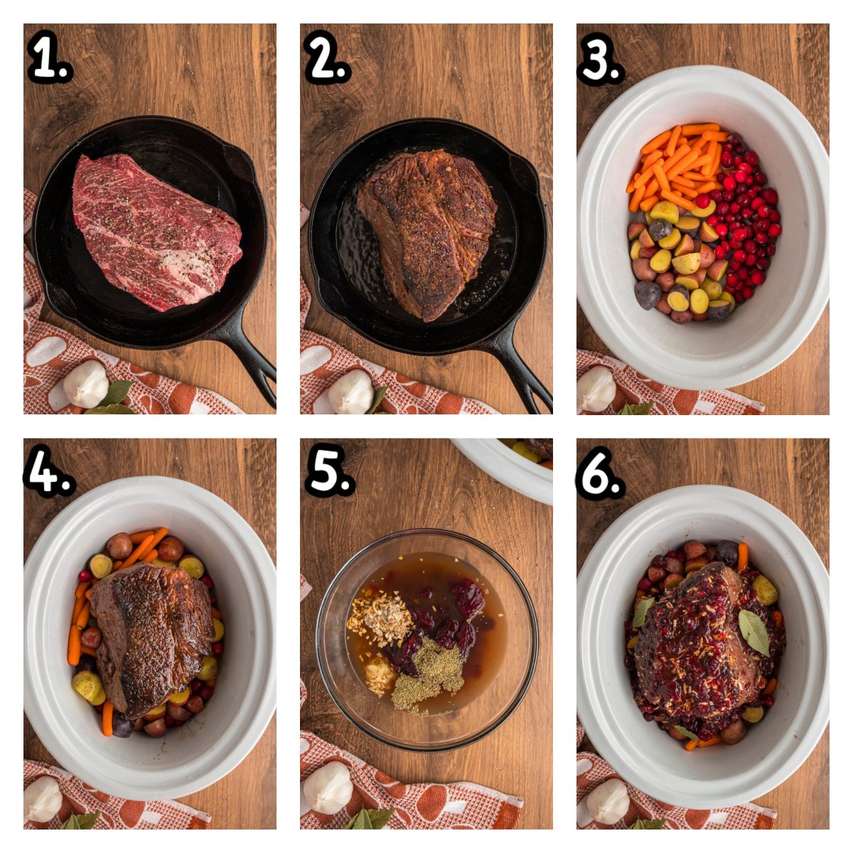 six images showing how to make cranberry pot roast in a slow cooker.