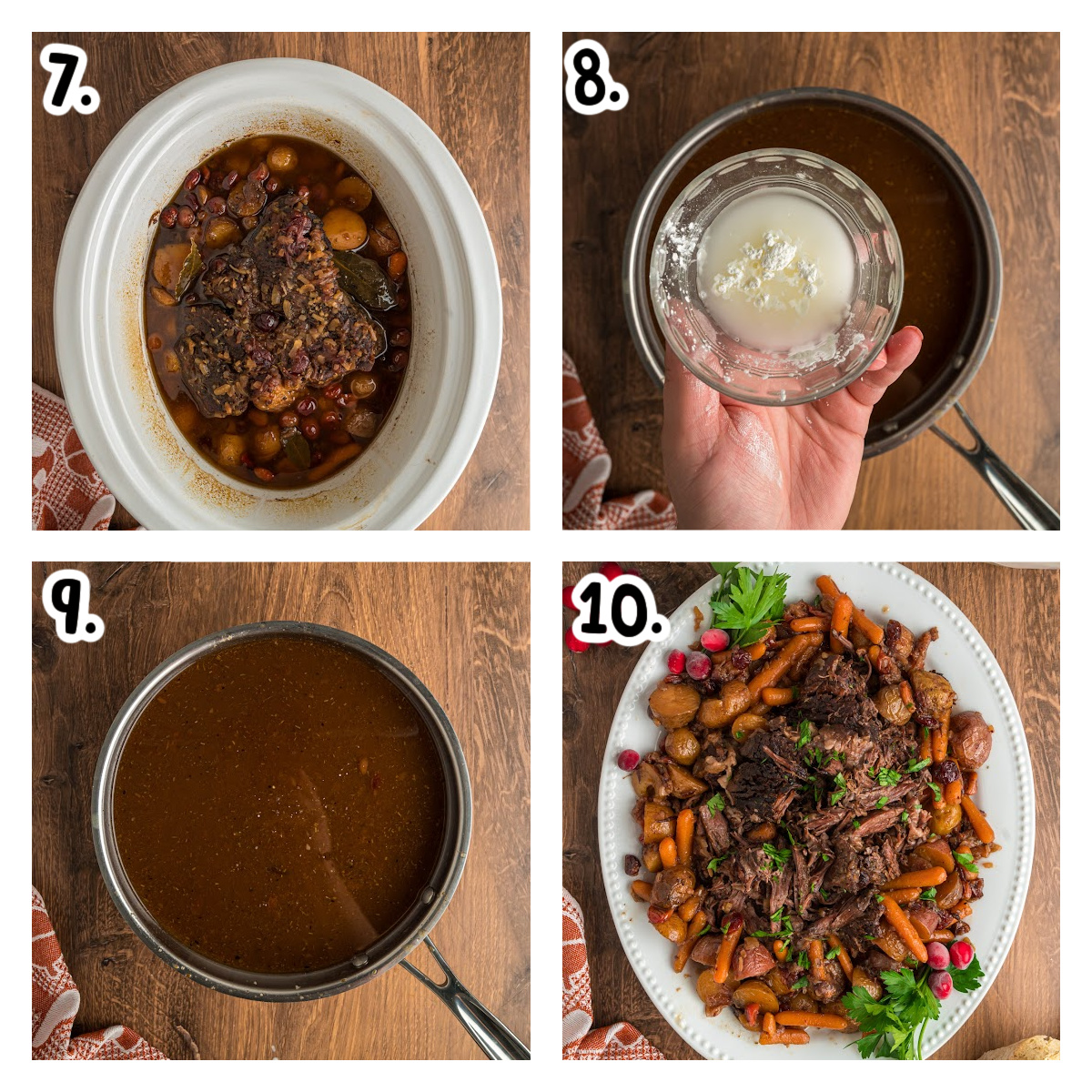 Images showing how to make gravy for cranberry pot roast and also how to plate it.