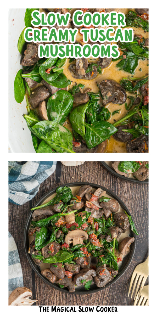 two images of creamy tuscan mushrooms with text overlay.