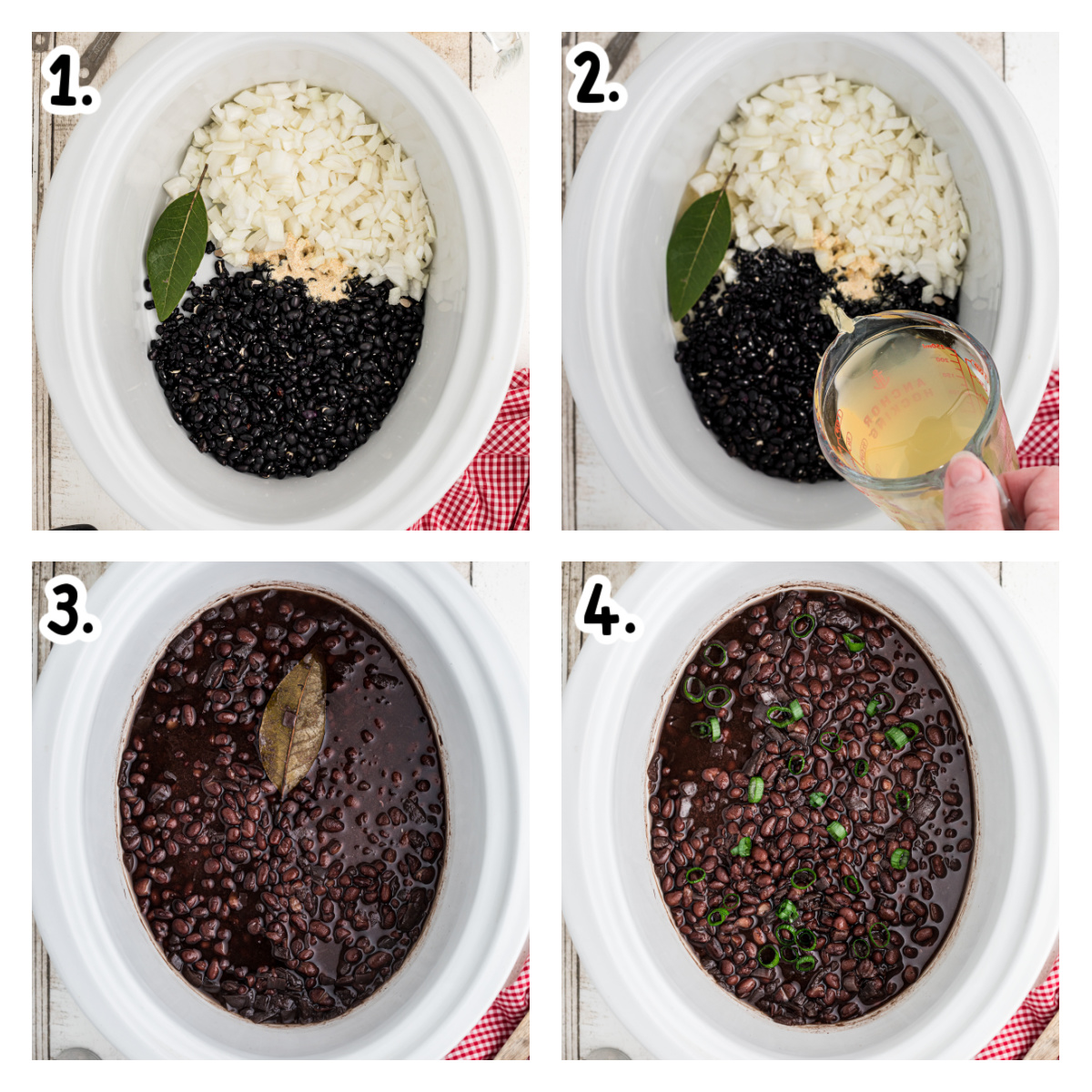 Four images showing how to make black beans in a white slow cooker.