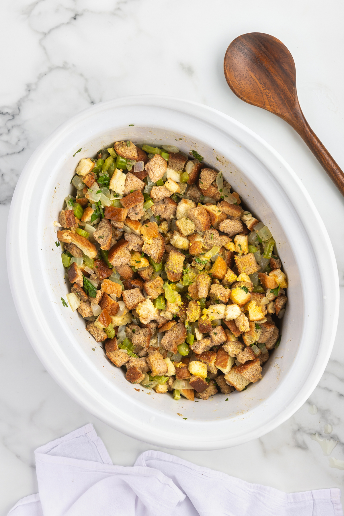 stuffing ready to cook in a slow cooker.