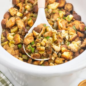 slow cooker stuffing on a spoon.