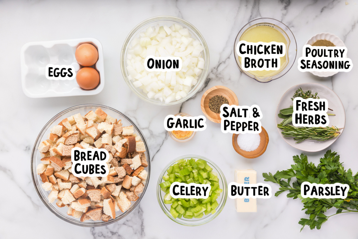 Image of ingredients for slow cooker stuffing on a table.