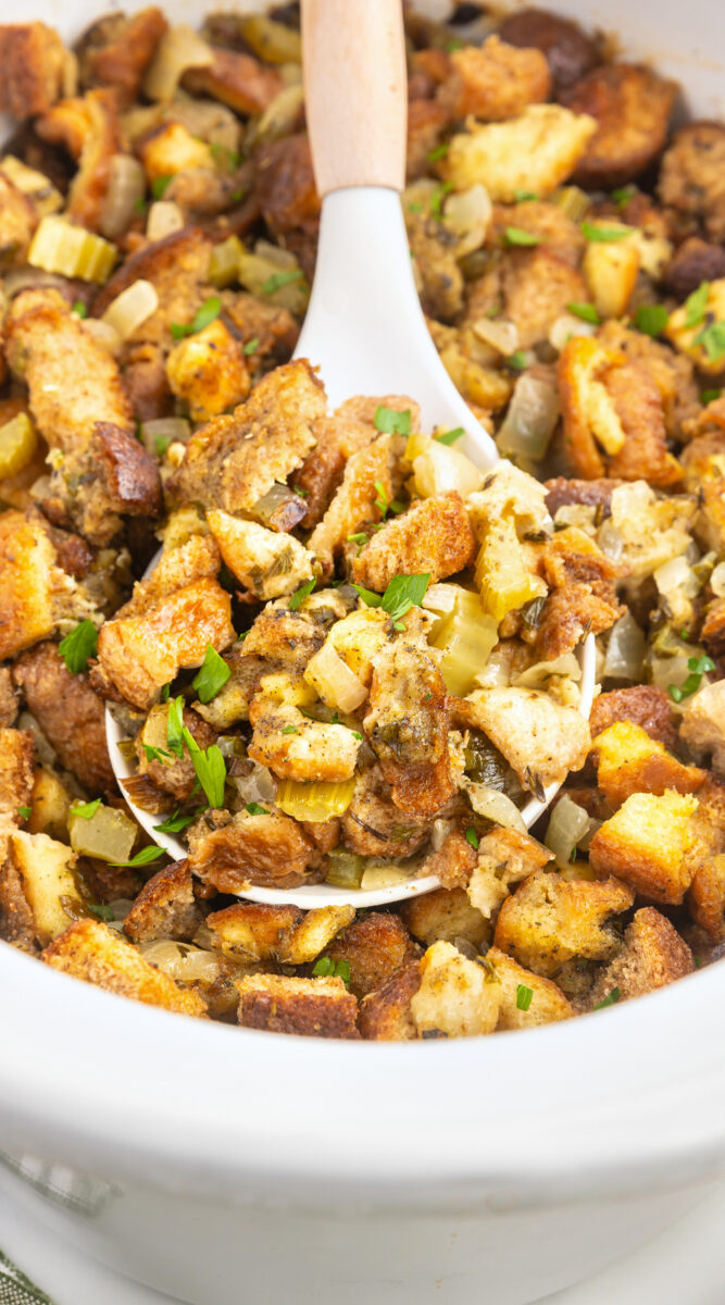 Stuffing in a crockpot and on a ladle.