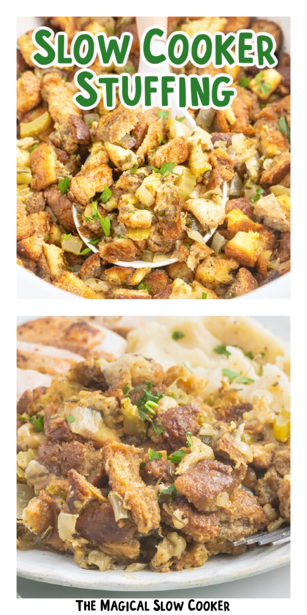 2 images of cooked crockpot stuffing.